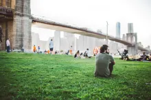 People sitting at a park by a large bridge.