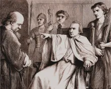 Artist’s conception of Polycarp being threatened by the Roman ruler.