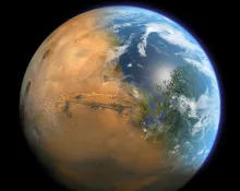 Photo illustration of a merging of Earth and Mars from outerspace.