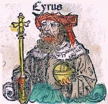 Artist illustration of King Cyrus - Colored woodcut from a 1480 edition of the Polychronicon