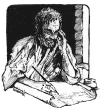 Illustration of John writing the book of Revelation.