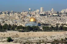 Jerusalem, Dome of the rock, in the background the Church of the Holy Sepulchre.