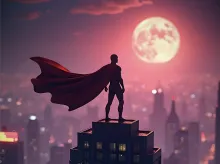a superhero with a red cape silhouetted against a pink sky with a glowing moon above a cityscape