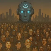 An artist rendition of the number 666 on foreheads.