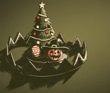 Illustration: A Christmas tree, Easter egg and Halloween jack-o-lantern setting inside a metal trap.