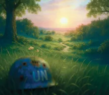 An artistic rendering of a blue UN helmet laying in grassy field.