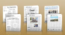 several newspapers displayed on a gold background