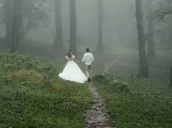 a bride and a groom walking outdoors into the mist