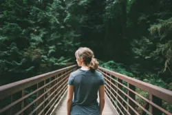 a woman on a bridge looking over the railing