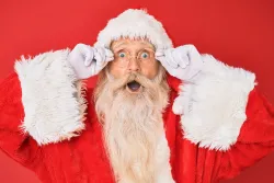 Santa Claus looking surprised against a red background