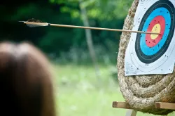 an archery target with an arrow piercing the red circle around the bullseye