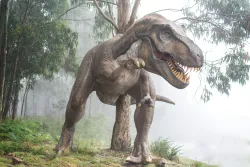 a dinosaur standing in a grassy, forested area