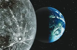 A photo of the Earth and moon from space.