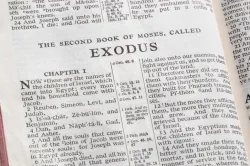A Bible opened to the book of Exodus.