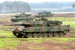 German Leopard 2 battle tanks on maneuvers.