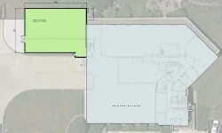 The green shows where the addition of the new studios will be placed on the building.