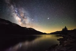 Starry night over lake with Milkyway galaxy.