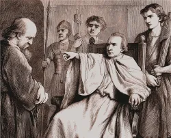 Artist’s conception of Polycarp being threatened by the Roman ruler.