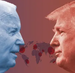 Side profiles of presidential Joe Biden and Donald Trump.