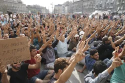 Syrian refugees strike in front of Budapest Keleti railway station.