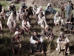 People in robes sitting in the grass looking at an unseen speaker