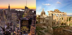 Two different city scapes - a modern city and an ancient ruin.