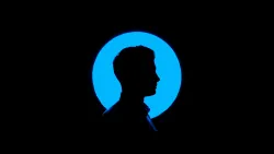a man's head silhouetted against a blue circle on a black background