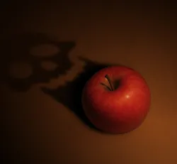 an apple with a skull shadow coming from it