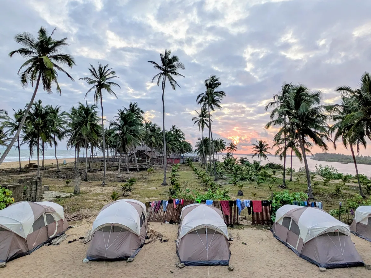 a series of tents with palm trees in the background against a cloudy sky