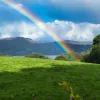 Photo of rainbow over green mountain field.