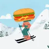 mountain slopes covered in snow with a skier front and center wearing a subway sandwich over their head